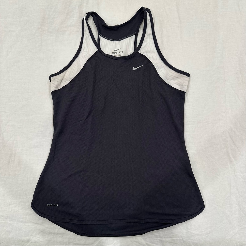 Nike Women's Charcoal Grey and White Dri-FIT Tank Top